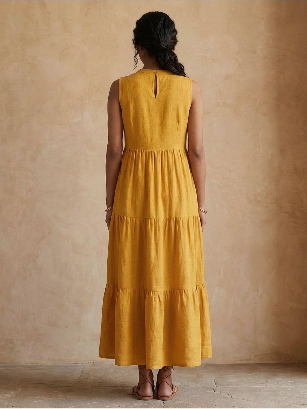 Seamsfriendly Golden V-Neck Tier Maxi Cotton Flax Dress Size 34" Regular — image 2 of 8